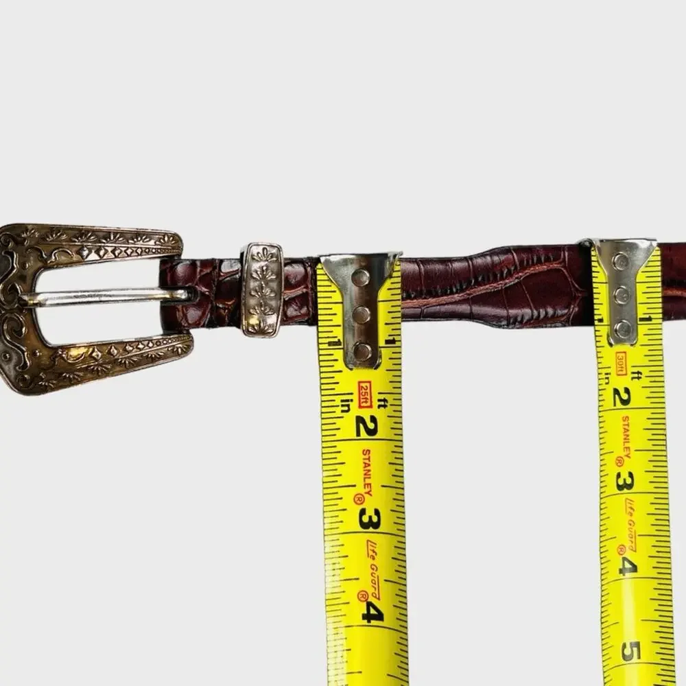 Lake Shore Drive Leather Belt Size M Silvertone Ornate Buckle Hinge Inserts Boho